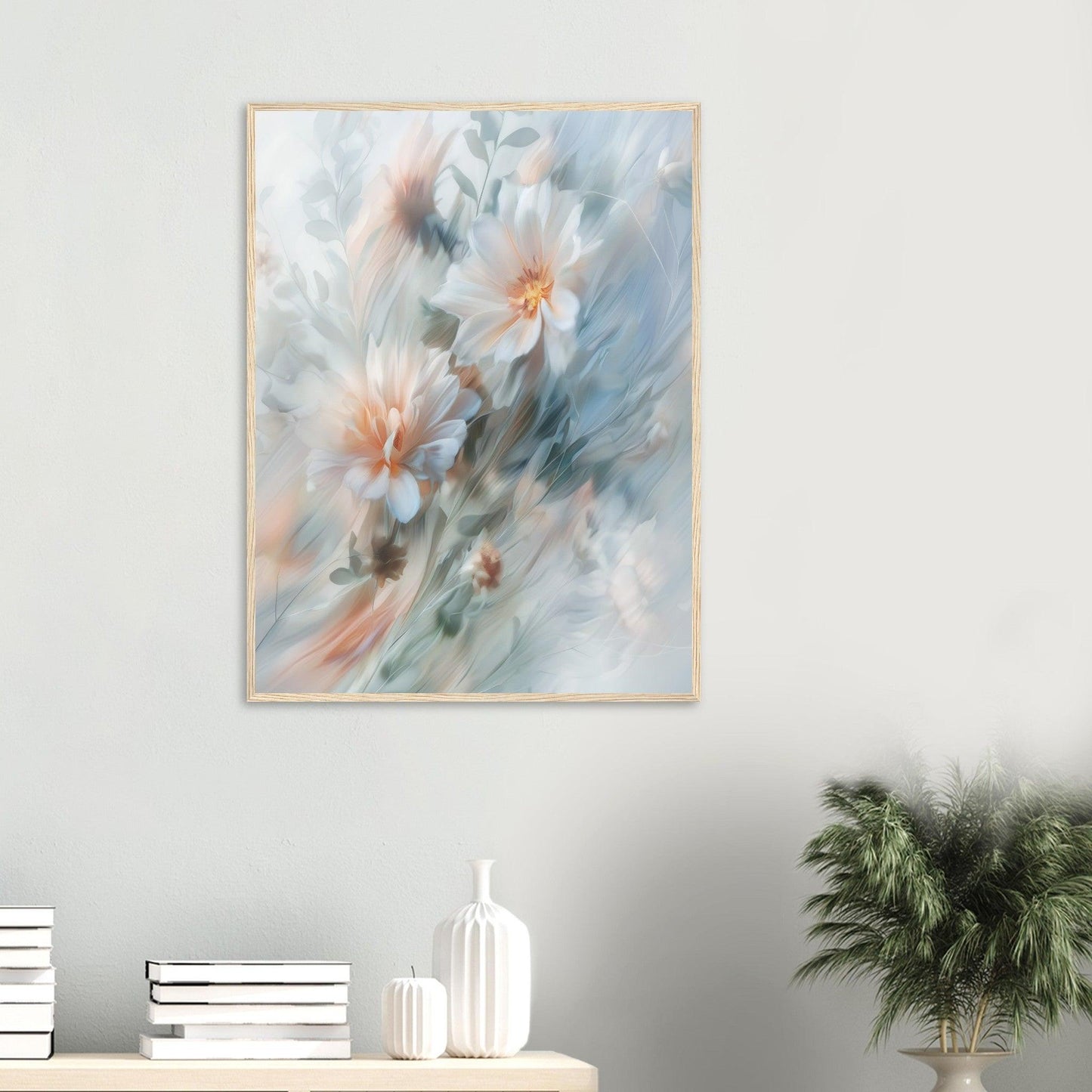 Soft Blue and Peach Blossoms, Premium Matte Paper, Wooden Frame - EcoFrameArt