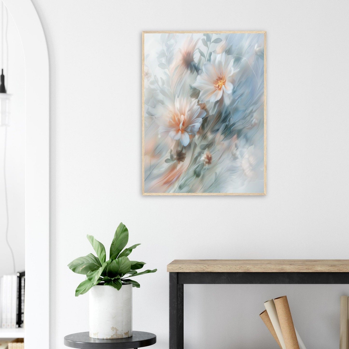 Soft Blue and Peach Blossoms, Premium Matte Paper, Wooden Frame - EcoFrameArt