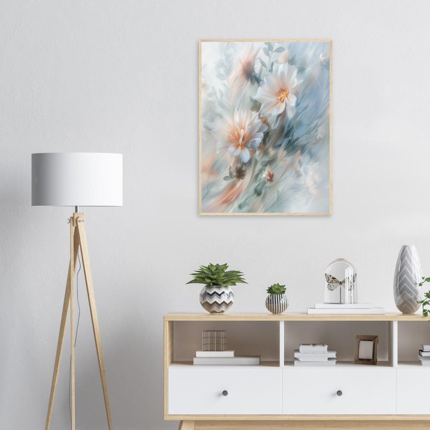 Soft Blue and Peach Blossoms, Premium Matte Paper, Wooden Frame - EcoFrameArt